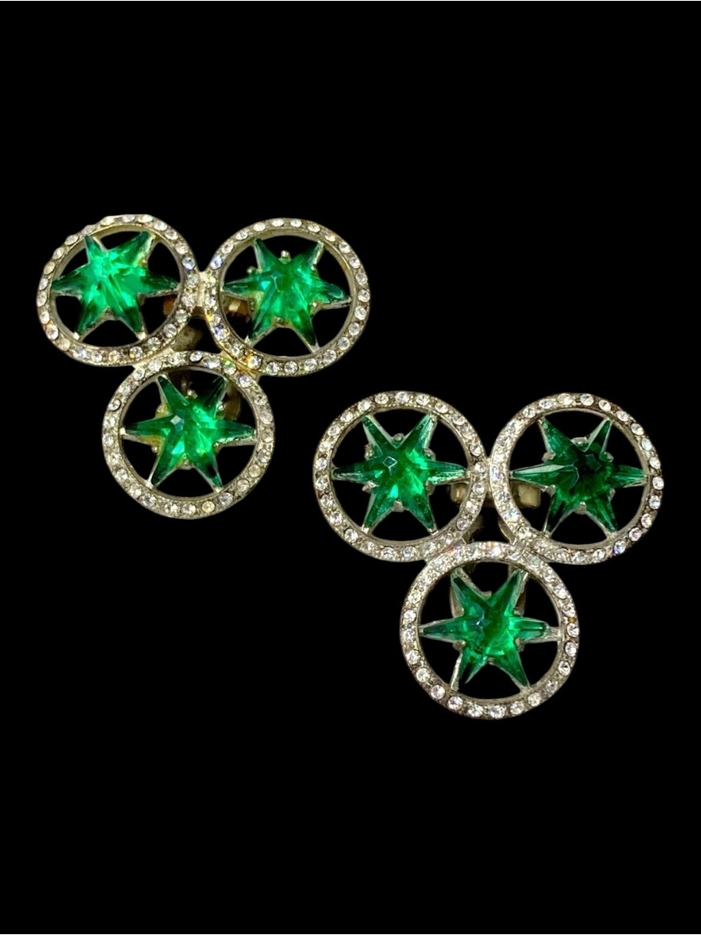Vintage WMCA Green Star Glass Rhinestone Dress Clips